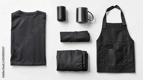 Collection of black objects on a white background Black cotton bag folded tshirt kitchen apron and metal mug Flat lay Top view