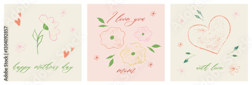 Trendy crayon Mother's Day in nude, beige color. Spring crayon flower for holiday design. Mother day design with chalk texture. Vector illustration template