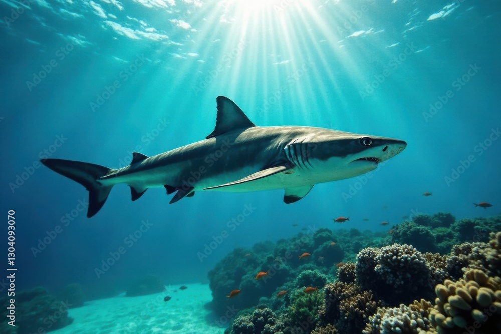 Obraz premium Majestic Shark Gracefully Navigating a Vibrant Coral Reef Ecosystem in Sunlit Ocean Depths