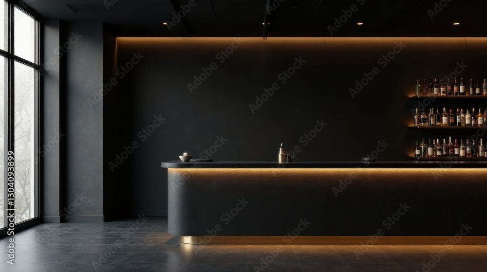 Modern minimalist bar interior with sleek dark counter and amber lighting accents Modern minimalist bar interior with sleek dark counter and amber lighting accents