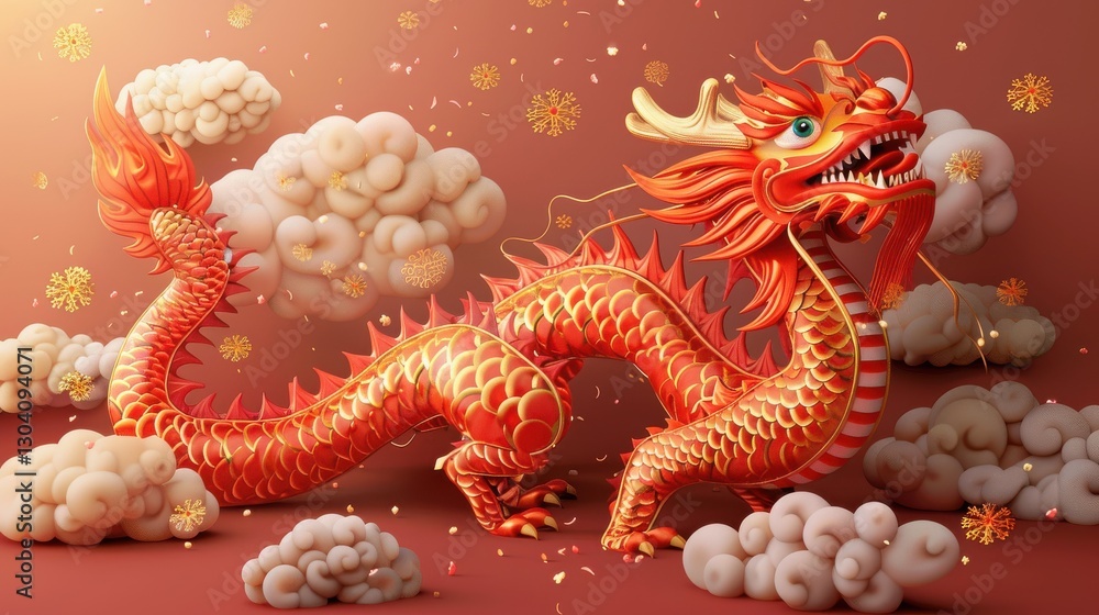 Naklejka premium Vibrant Red Dragon Surrounded by Mystical Clouds and Orbs in a Traditional Cultural Landscape