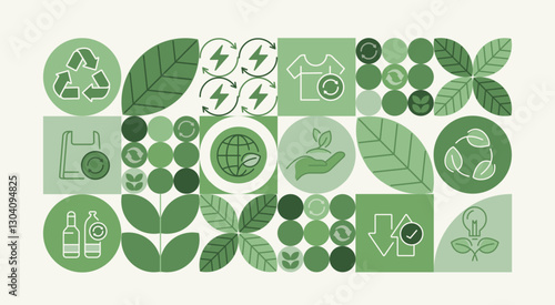 Recycling day. concept for world environment and sustainable development, recycling symbols, bins, plastic bottles, and carbon emission reduction. Illustrated with a green pattern natural shapes.