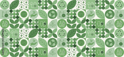 Recycling day. concept for world environment and sustainable development, recycling symbols, bins, plastic bottles, and carbon emission reduction. Illustrated with a green pattern natural shapes.