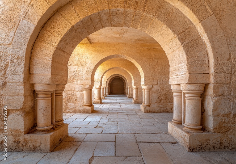 Long Stone Archway Corridor With Light Brown Pillars and Beige Walls Long Stone Archway Corridor With Light Brown Pillars and Beige Walls