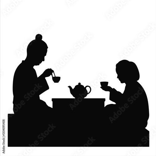 Silhouette of people enjoying tea ceremony, traditional connection