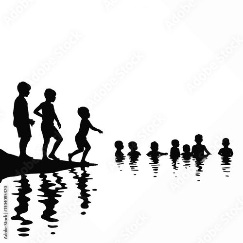 Children swimming playfully in a lake silhouette, joyful summer fun