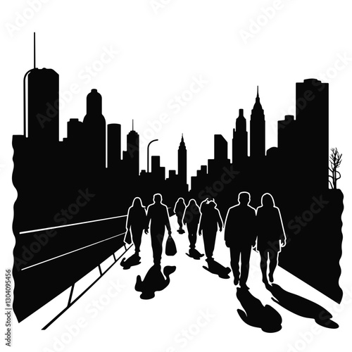 Silhouettes of people walking in cityscape, urban hustle