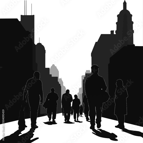 Silhouetted figures walking through urban streets, city hustle