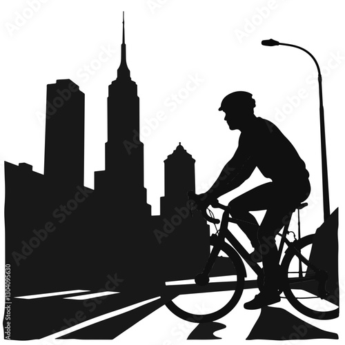 Silhouette of a cyclist riding on city street with skyscrapers, urban lifestyle