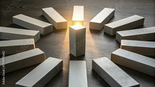 An array of rectangular prisms angled toward a central light source, illustrating a unifying vision that guides disparate business elements