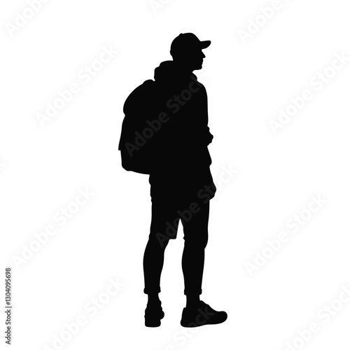 Lone backpacker silhouette standing against white background, solitude