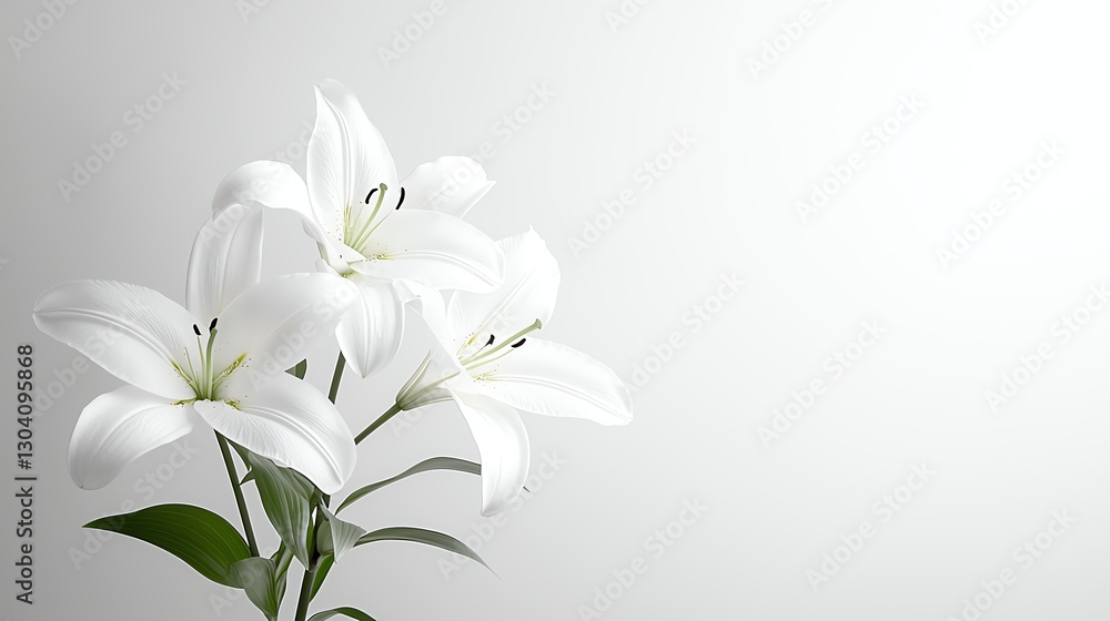 Elegant white lilies gracefully bloom against a soft, minimalist background. Elegant white lilies gracefully bloom against a soft, minimalist background.
