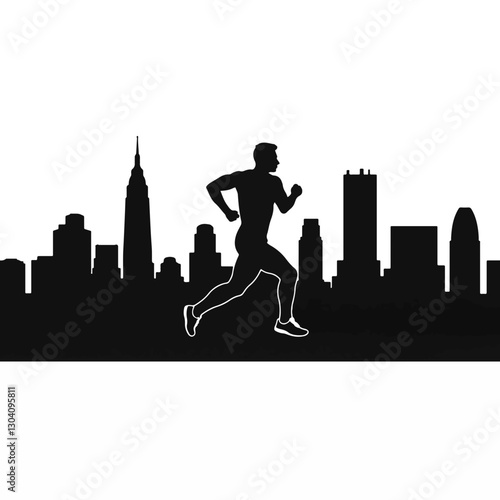 Athlete running through morning city skyline silhouette, urban vitality