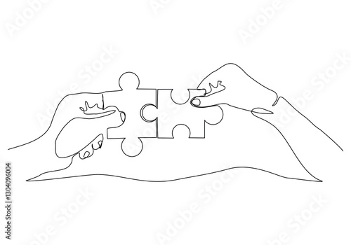 Continuous single line of palm hand holding love heart jigsaw puzzle for valentine day relationship or health care abstract sketch drawing vector illustration