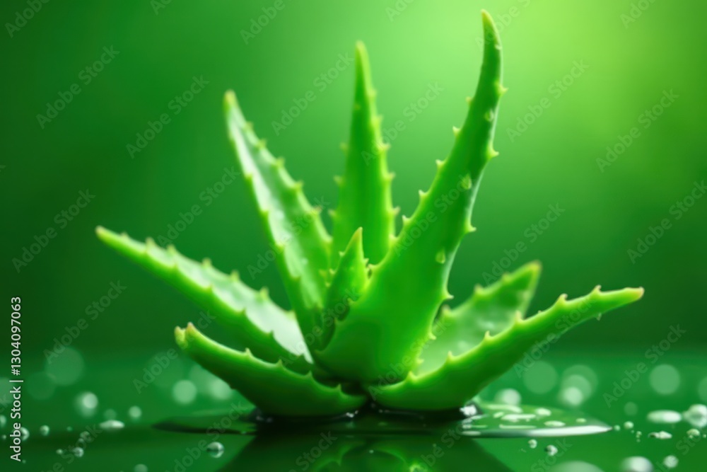 Juicy aloe vera leaves, water droplets, green background, vibrant, green Juicy aloe vera leaves, water droplets, green background, vibrant, green