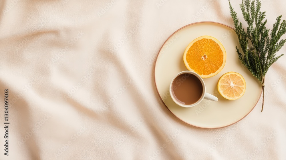 Overhead View Of Coffee, Citrus Fruit, And Greenery On A Beige Tray Overhead View Of Coffee, Citrus Fruit, And Greenery On A Beige Tray