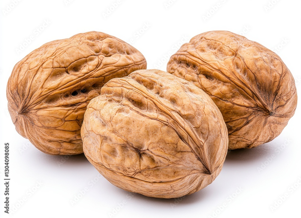 Three Brown Walnuts on White Background Closeup Studio Shot Three Brown Walnuts on White Background Closeup Studio Shot