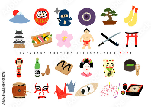 日本の手描きイラストセット
