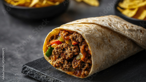 Food Addict Struggling with Fast Food Cravings, Juicy beef burrito with fresh vegetables on slate board