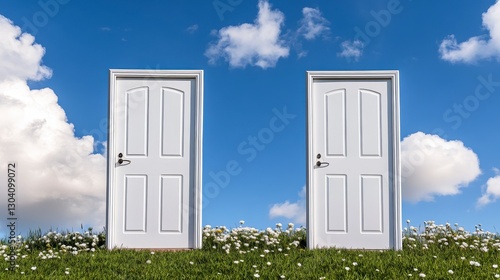 Two White Doors in a Sunny Field of Flowers