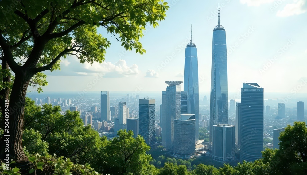 Fototapeta premium Elevated view, skyscrapers partially obscured by branches, image, skyscrapers, modern