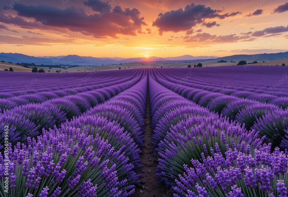 Obraz premium Serene Lavender Field At Dusk. Breathtaking Landscape With Purple Blooms. Gentle Breeze. Warm Sunset Colors. Mountain View. Tranquil Scene. Captivating Beauty. Nature's Harmony.