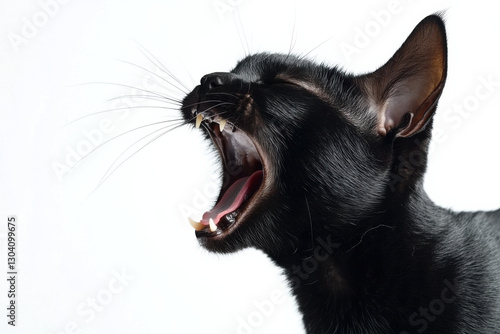 Black cat hissing on white background