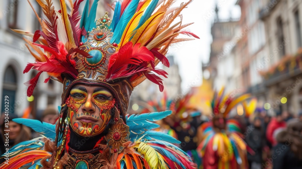Fototapeta premium Colorful Carnival Celebration with Dazzling Costumes and Vibrant Feathers from a Cultural Festival in a Busy City Street