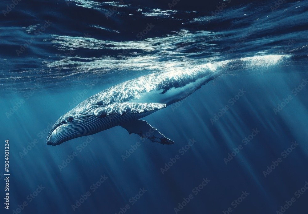 Fototapeta premium Graceful Humpback Whale Swimming Underwater with Sunlight Filtering Through Ocean Surface in a Serene Marine Environment