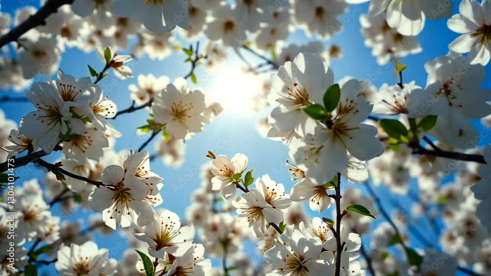 Blooming White Flowers Against Blue Sky in Spring Sunlight Blooming White Flowers Against Blue Sky in Spring Sunlight