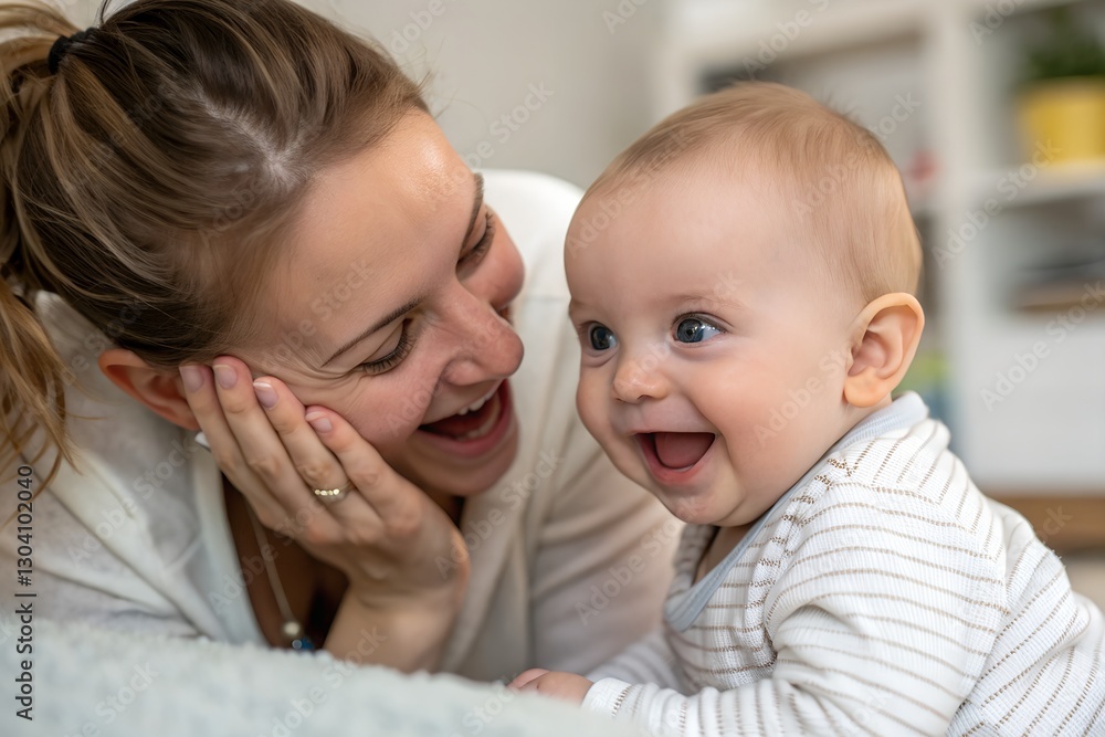 Minimalistic photo of a nanny playing hide and seek with a baby, extreme close-up capturing the child’s excited expression, softly blurred background. Minimalistic photo of a nanny playing hide and seek with a baby, extreme close-up capturing the child’s excited expression, softly blurred background.
