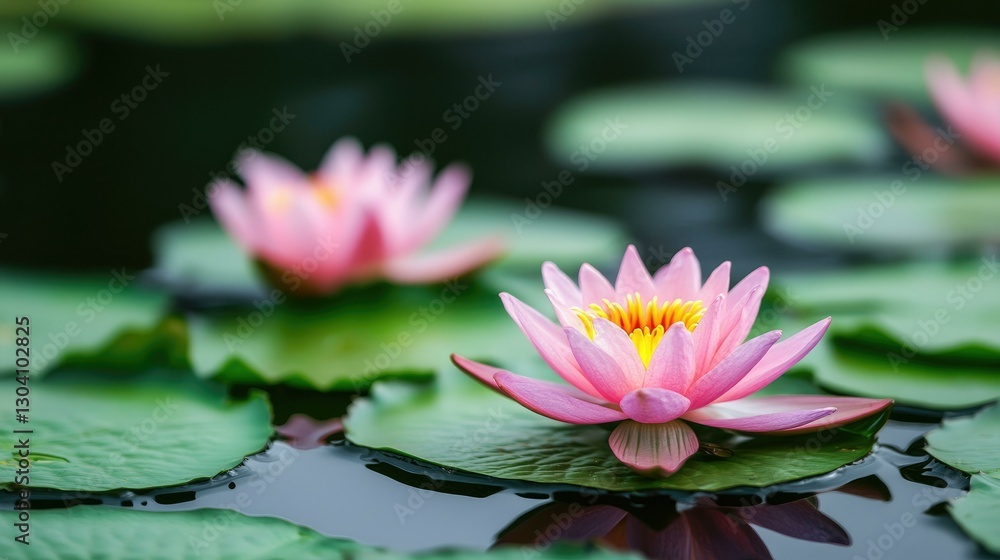 Captivating pink water lilies gracefully float on the tranquil surface of a serene pond, surrounded by lush green lily pads, creating a peaceful and enchanting atmosphere in nature.