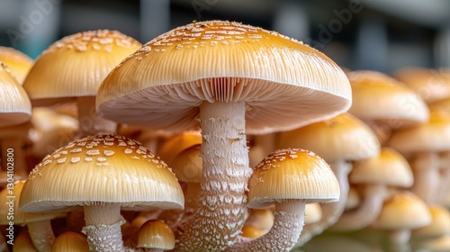 Obraz na płótnie A Close-Up View of Freshly Grown Mushrooms Showcasing Their Unique Textures and Colors in a Domestic Cultivation Environment Ideal for Culinary and Dietary Uses w salonie