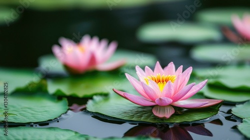 Obraz na płótnie Captivating pink water lilies gracefully float on the tranquil surface of a serene pond, surrounded by lush green lily pads, creating a peaceful and enchanting atmosphere in nature. w salonie