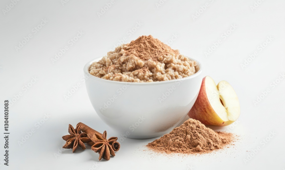 Oatmeal with cinnamon in a white bowl, apples and cinnamon on the side, against a white background Oatmeal with cinnamon in a white bowl, apples and cinnamon on the side, against a white background