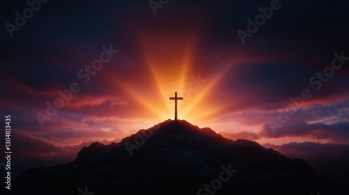 Sunset Cross: Silhouette of a cross atop a hill, bathed in the warm glow of the setting sun, evokes spirituality, faith, and hope.