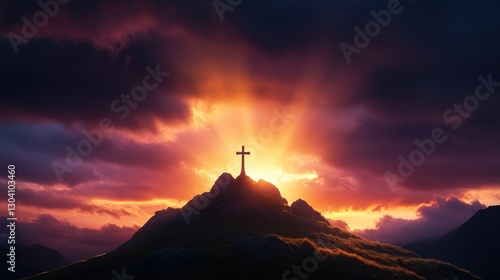 Cross at Sunset: Silhouette of a cross atop a hill against a dramatic sunset sky, bathed in the warm glow of the setting sun.