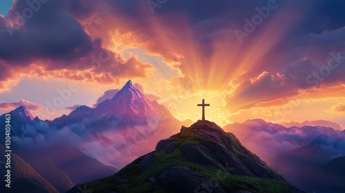 A Cross on the Mountain: A dramatic sunrise bathes a mountaintop cross in golden light, symbolizing faith, hope.