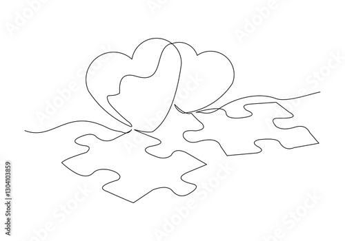Continuous single line of Love heart jigsaw puzzle for valentine day relationship or health care abstract sketch drawing vector illustration