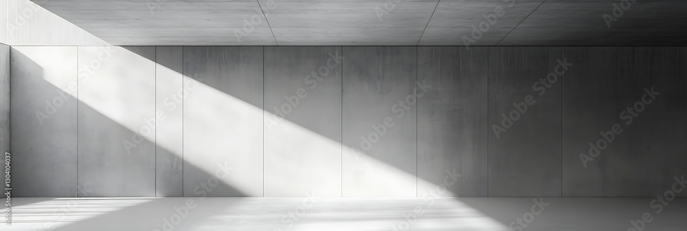 Fototapeta premium Monochromatic Concrete Interior with Light Beam: A minimalist, modern interior featuring a large open space, defined by sleek concrete walls and floors.