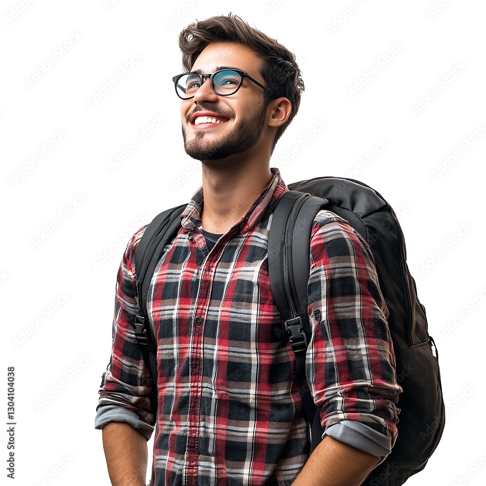 Adventurous Soul: A young man, filled with a sense of wonder, smiles as he carries a backpack, dreaming of his next travel destination. Adventurous Soul: A young man, filled with a sense of wonder, smiles as he carries a backpack, dreaming of his next travel destination.