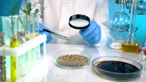 A researcher analyzes agricultural grains in a laboratory. Research into GMO cereals and beans. Testing genetically modified seeds.