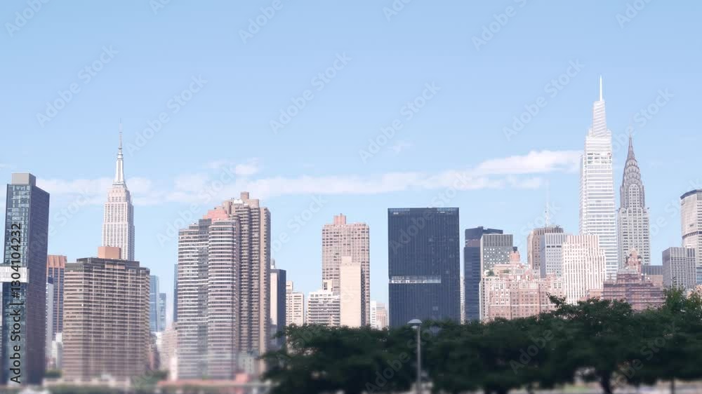 New York City waterfront skyline, Manhattan Midtown buildings, riverfront skyscrapers by East river water. Waterside cityscape view from Hunters Point, Long Island, Queens. United States architecture. New York City waterfront skyline, Manhattan Midtown buildings, riverfront skyscrapers by East river water. Waterside cityscape view from Hunters Point, Long Island, Queens. United States architecture.