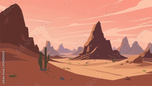 Serene Sunset over the Desert Landscape with Cactus and Mountains