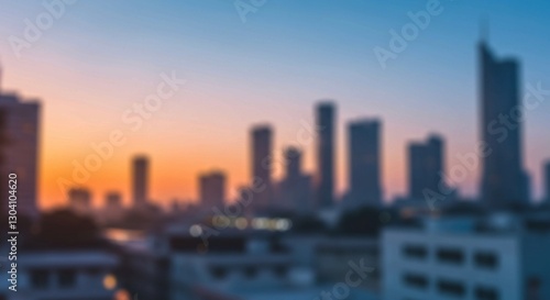 At dusk or dawn, a blurred cityscape with silhouetted buildings is bathed in warm colors, featuring soft bokeh city lights and an impressionistic feel
