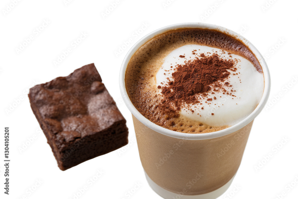 cup containing a hot cappuccino with coffee foam, served with freshly baked brownies cup containing a hot cappuccino with coffee foam, served with freshly baked brownies