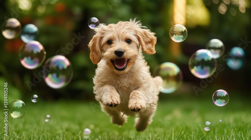 Frolicsome Dog Pursuing Bubbles