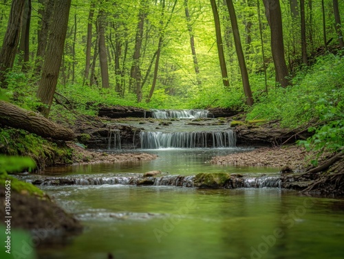 Gentle River in Blooming Forest