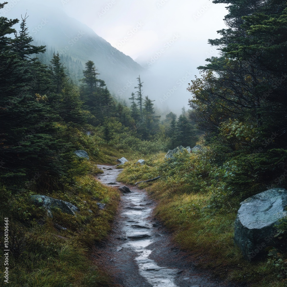 Obraz premium Light Rain Over the Mountain Pathway