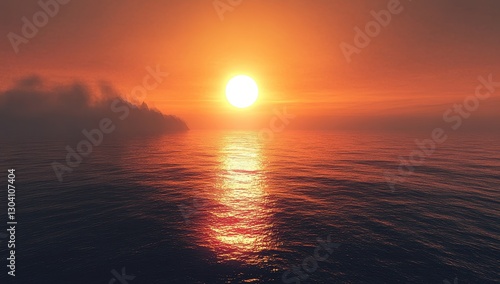 Majestic Sunset Over Tranquil Ocean Waves with Vibrant Sky Colors Reflecting on Serene Water Surface at Dusk Near Coastal Landscape